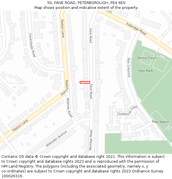50, FANE ROAD, PETERBOROUGH, PE4 6ES: Location map and indicative extent of plot