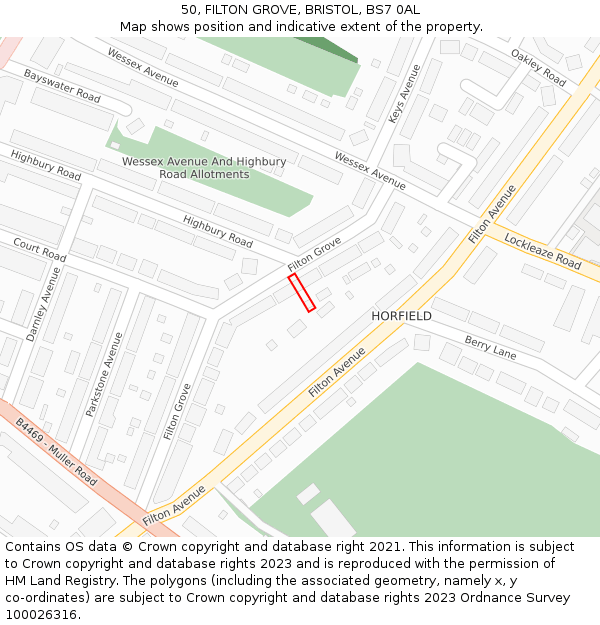50, FILTON GROVE, BRISTOL, BS7 0AL: Location map and indicative extent of plot