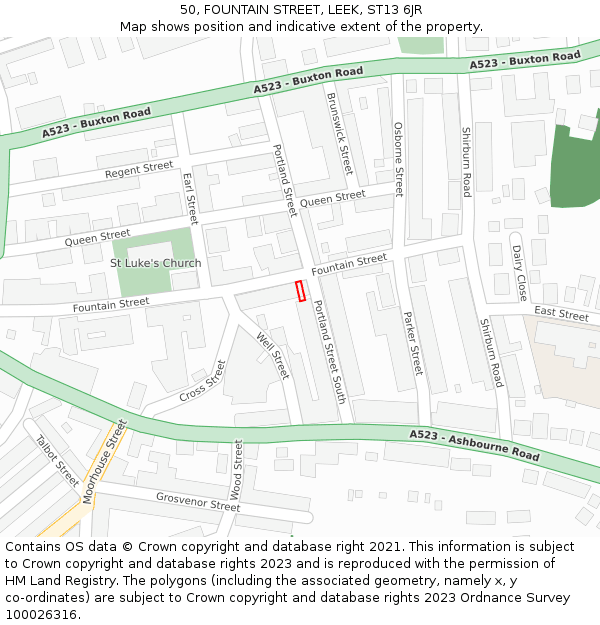 50, FOUNTAIN STREET, LEEK, ST13 6JR: Location map and indicative extent of plot