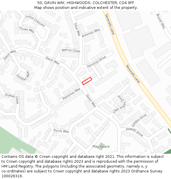 50, GAVIN WAY, HIGHWOODS, COLCHESTER, CO4 9FF: Location map and indicative extent of plot