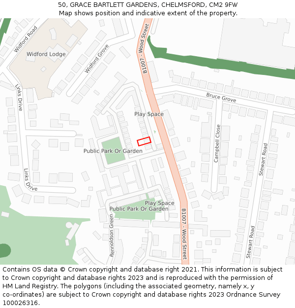 50, GRACE BARTLETT GARDENS, CHELMSFORD, CM2 9FW: Location map and indicative extent of plot