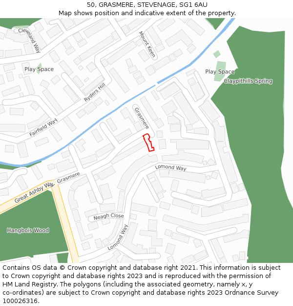 50, GRASMERE, STEVENAGE, SG1 6AU: Location map and indicative extent of plot