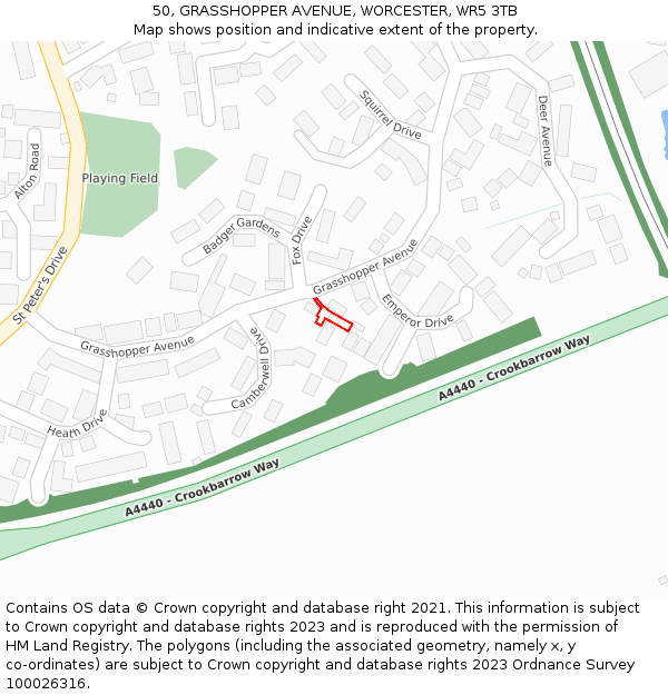 50, GRASSHOPPER AVENUE, WORCESTER, WR5 3TB: Location map and indicative extent of plot