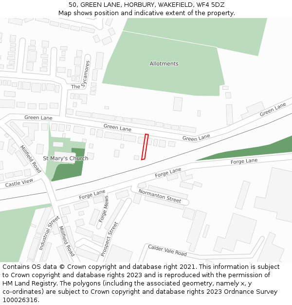 50, GREEN LANE, HORBURY, WAKEFIELD, WF4 5DZ: Location map and indicative extent of plot