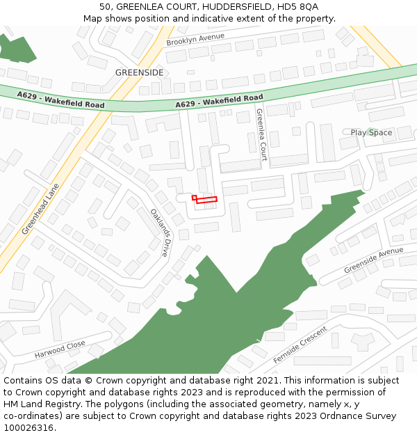 50, GREENLEA COURT, HUDDERSFIELD, HD5 8QA: Location map and indicative extent of plot