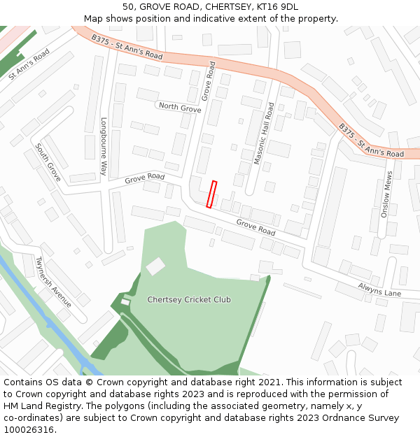 50, GROVE ROAD, CHERTSEY, KT16 9DL: Location map and indicative extent of plot