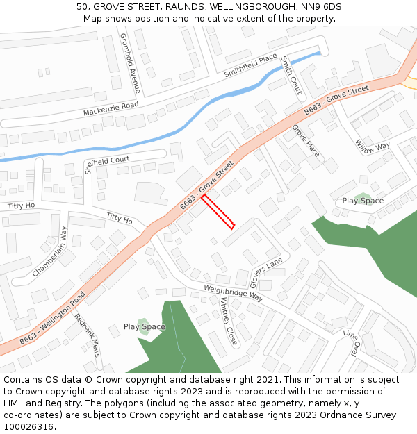50, GROVE STREET, RAUNDS, WELLINGBOROUGH, NN9 6DS: Location map and indicative extent of plot