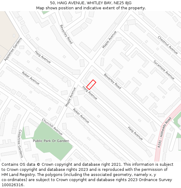50, HAIG AVENUE, WHITLEY BAY, NE25 8JG: Location map and indicative extent of plot