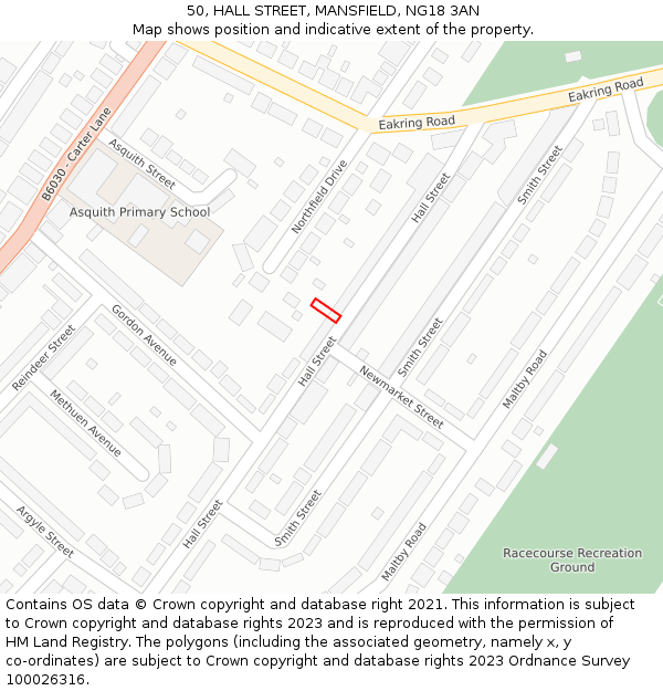 50, HALL STREET, MANSFIELD, NG18 3AN: Location map and indicative extent of plot