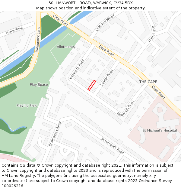 50, HANWORTH ROAD, WARWICK, CV34 5DX: Location map and indicative extent of plot