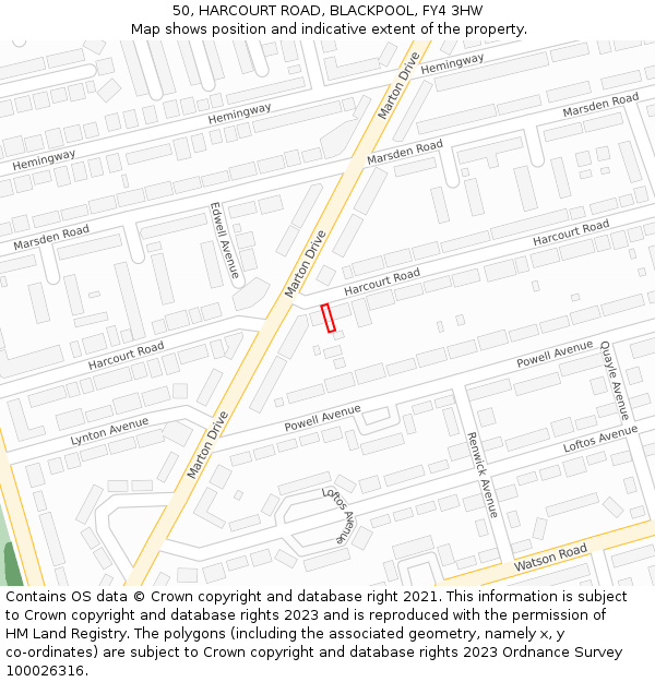 50, HARCOURT ROAD, BLACKPOOL, FY4 3HW: Location map and indicative extent of plot