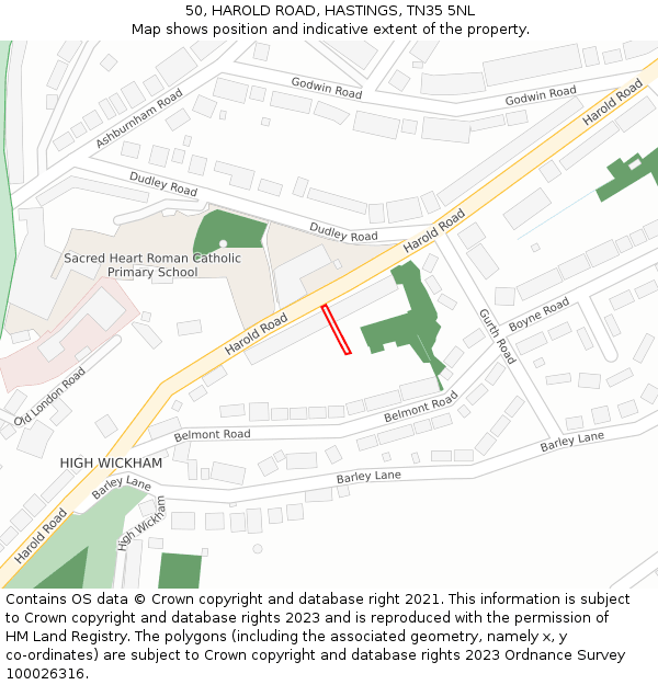 50, HAROLD ROAD, HASTINGS, TN35 5NL: Location map and indicative extent of plot