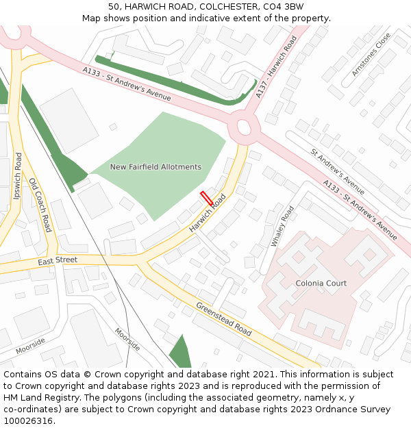 50, HARWICH ROAD, COLCHESTER, CO4 3BW: Location map and indicative extent of plot