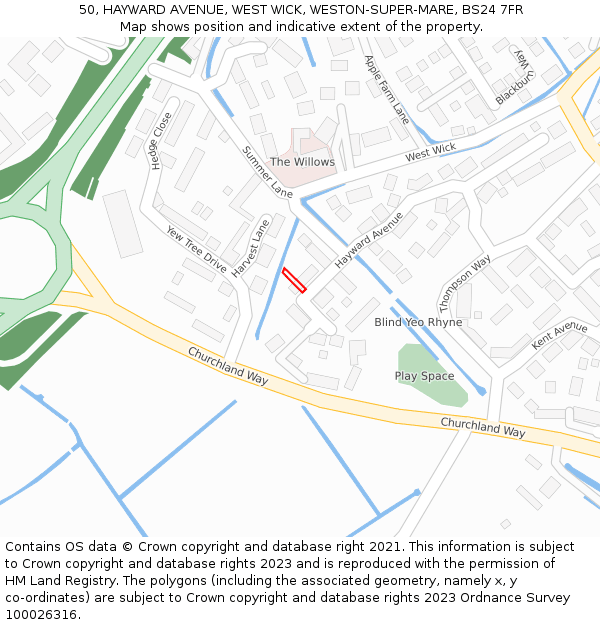 50, HAYWARD AVENUE, WEST WICK, WESTON-SUPER-MARE, BS24 7FR: Location map and indicative extent of plot