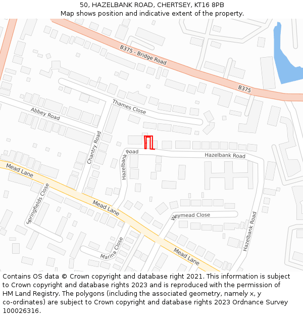 50, HAZELBANK ROAD, CHERTSEY, KT16 8PB: Location map and indicative extent of plot