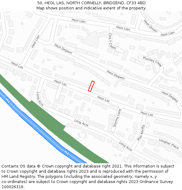 50, HEOL LAS, NORTH CORNELLY, BRIDGEND, CF33 4BD: Location map and indicative extent of plot