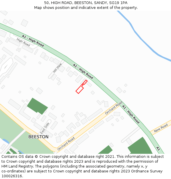 50, HIGH ROAD, BEESTON, SANDY, SG19 1PA: Location map and indicative extent of plot