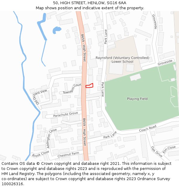 50, HIGH STREET, HENLOW, SG16 6AA: Location map and indicative extent of plot