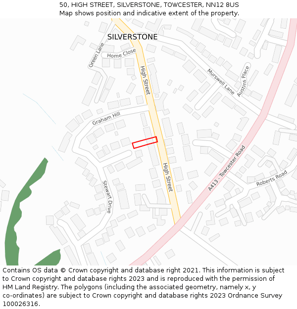 50, HIGH STREET, SILVERSTONE, TOWCESTER, NN12 8US: Location map and indicative extent of plot