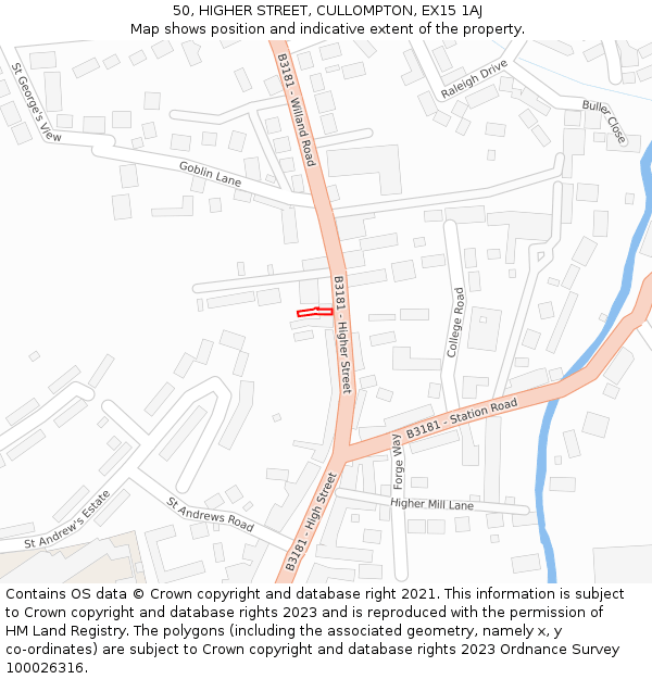 50, HIGHER STREET, CULLOMPTON, EX15 1AJ: Location map and indicative extent of plot
