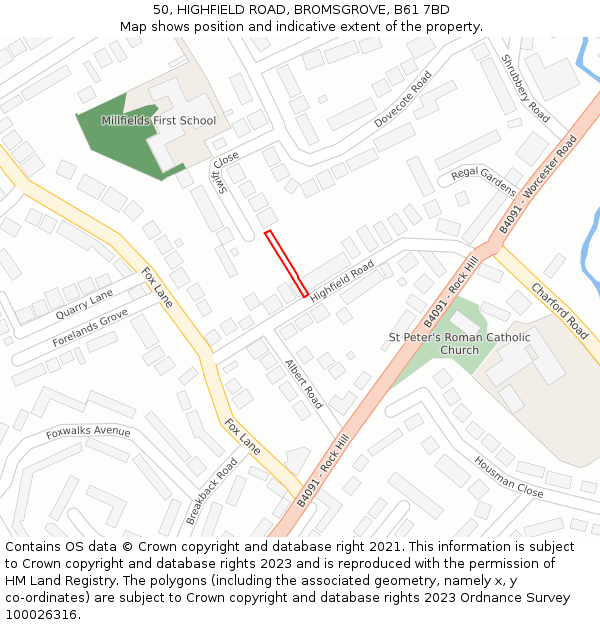 50, HIGHFIELD ROAD, BROMSGROVE, B61 7BD: Location map and indicative extent of plot