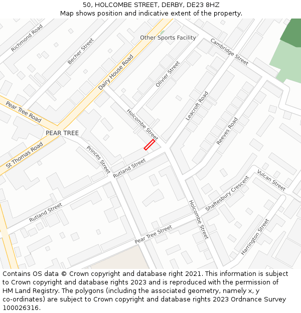 50, HOLCOMBE STREET, DERBY, DE23 8HZ: Location map and indicative extent of plot