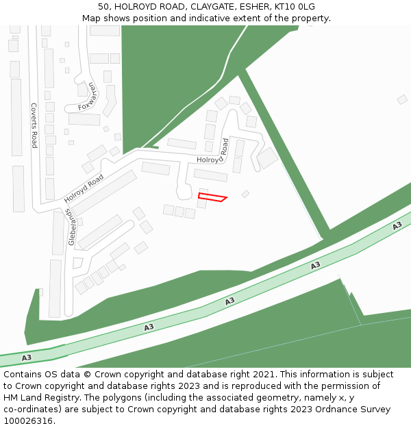 50, HOLROYD ROAD, CLAYGATE, ESHER, KT10 0LG: Location map and indicative extent of plot