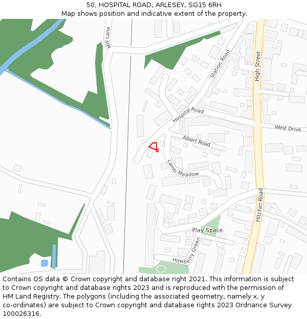 50, HOSPITAL ROAD, ARLESEY, SG15 6RH: Location map and indicative extent of plot
