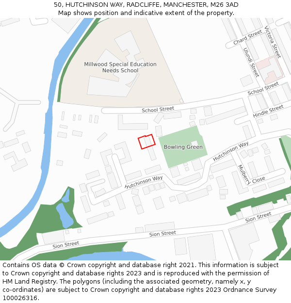 50, HUTCHINSON WAY, RADCLIFFE, MANCHESTER, M26 3AD: Location map and indicative extent of plot