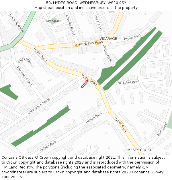 50, HYDES ROAD, WEDNESBURY, WS10 9SY: Location map and indicative extent of plot