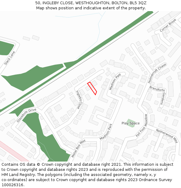 50, INGLEBY CLOSE, WESTHOUGHTON, BOLTON, BL5 3QZ: Location map and indicative extent of plot