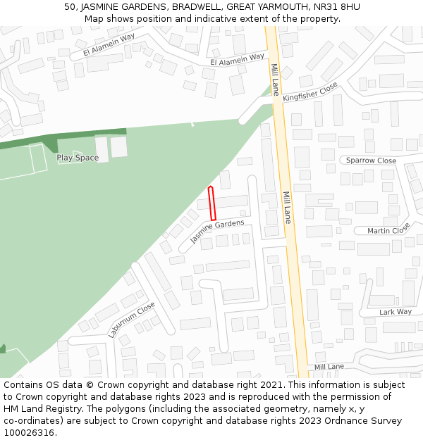 50, JASMINE GARDENS, BRADWELL, GREAT YARMOUTH, NR31 8HU: Location map and indicative extent of plot