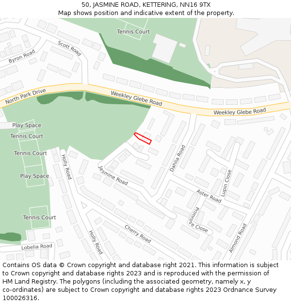 50, JASMINE ROAD, KETTERING, NN16 9TX: Location map and indicative extent of plot