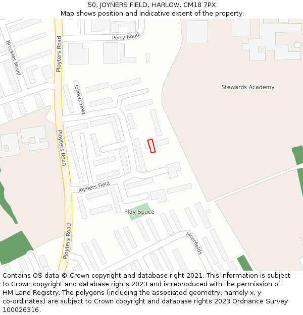 50, JOYNERS FIELD, HARLOW, CM18 7PX: Location map and indicative extent of plot