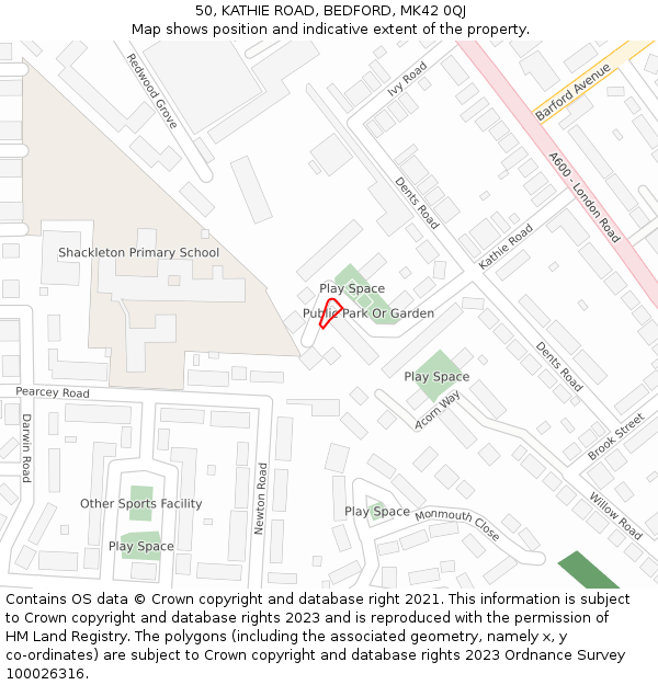50, KATHIE ROAD, BEDFORD, MK42 0QJ: Location map and indicative extent of plot