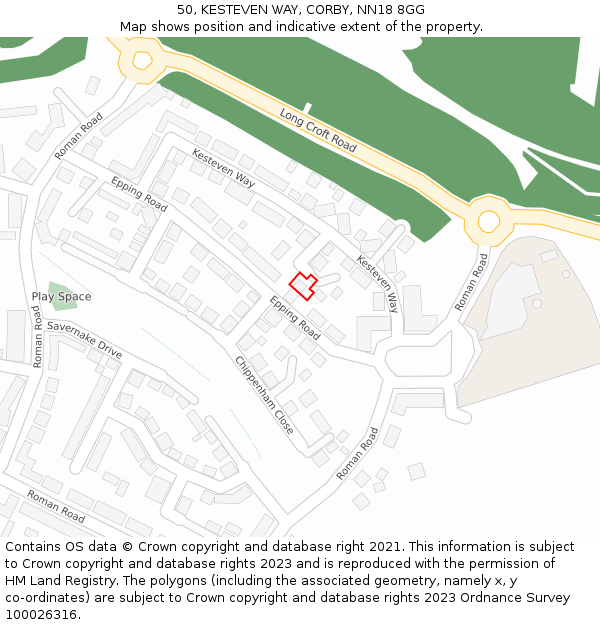 50, KESTEVEN WAY, CORBY, NN18 8GG: Location map and indicative extent of plot