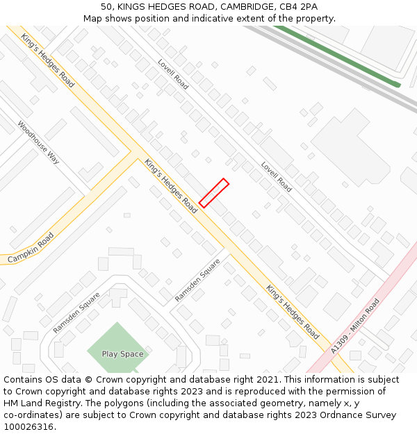 50, KINGS HEDGES ROAD, CAMBRIDGE, CB4 2PA: Location map and indicative extent of plot