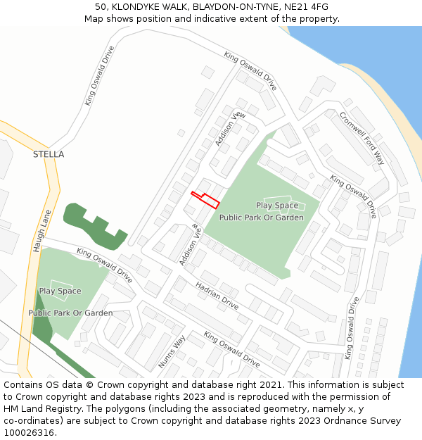 50, KLONDYKE WALK, BLAYDON-ON-TYNE, NE21 4FG: Location map and indicative extent of plot