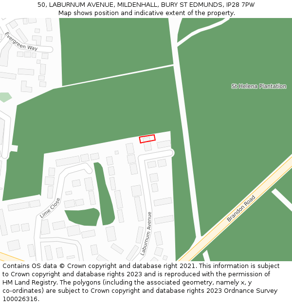 50, LABURNUM AVENUE, MILDENHALL, BURY ST EDMUNDS, IP28 7PW: Location map and indicative extent of plot