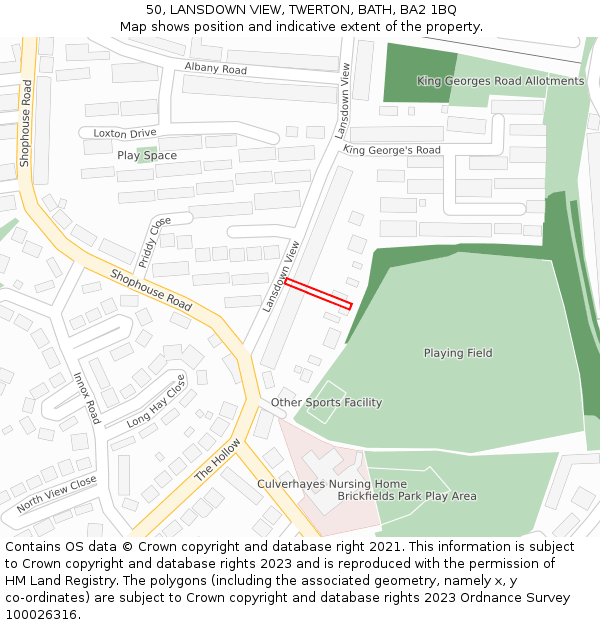 50, LANSDOWN VIEW, TWERTON, BATH, BA2 1BQ: Location map and indicative extent of plot