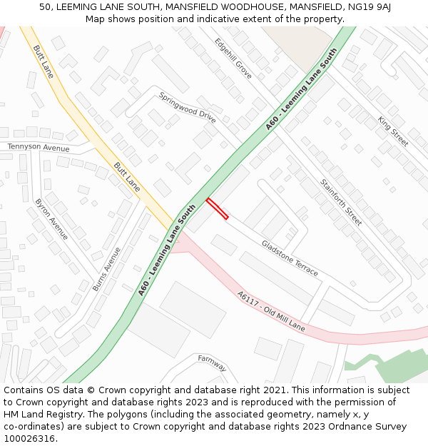 50, LEEMING LANE SOUTH, MANSFIELD WOODHOUSE, MANSFIELD, NG19 9AJ: Location map and indicative extent of plot