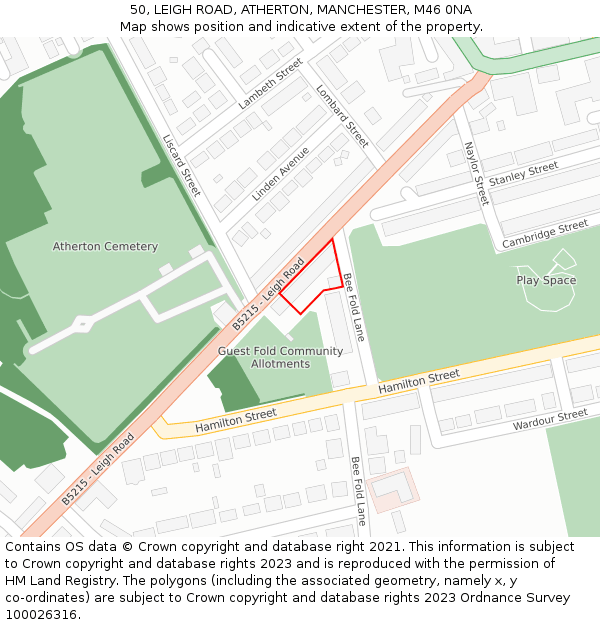50, LEIGH ROAD, ATHERTON, MANCHESTER, M46 0NA: Location map and indicative extent of plot