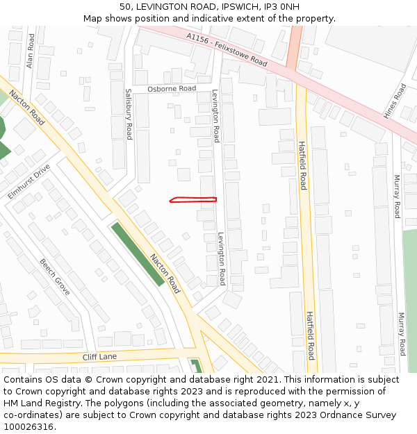 50, LEVINGTON ROAD, IPSWICH, IP3 0NH: Location map and indicative extent of plot