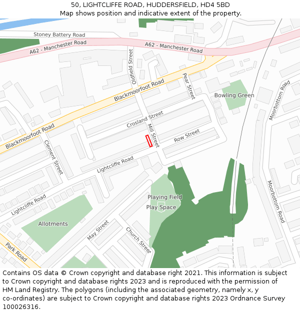 50, LIGHTCLIFFE ROAD, HUDDERSFIELD, HD4 5BD: Location map and indicative extent of plot