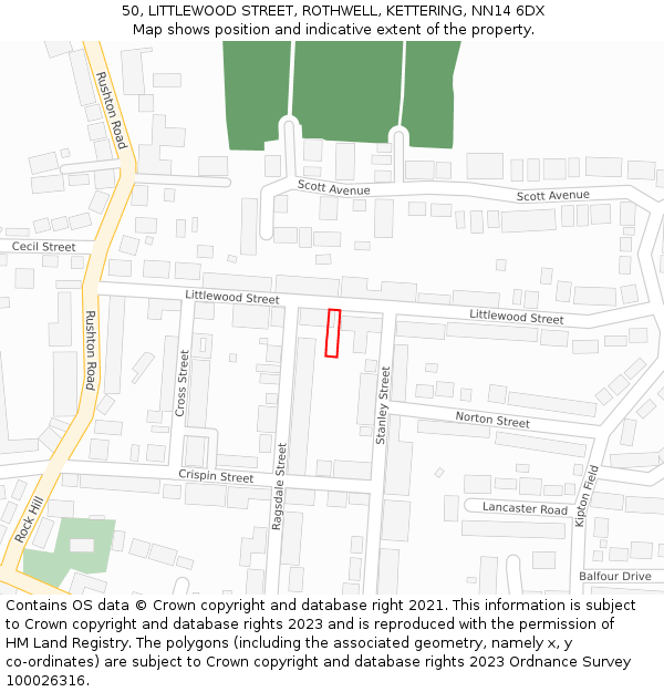 50, LITTLEWOOD STREET, ROTHWELL, KETTERING, NN14 6DX: Location map and indicative extent of plot
