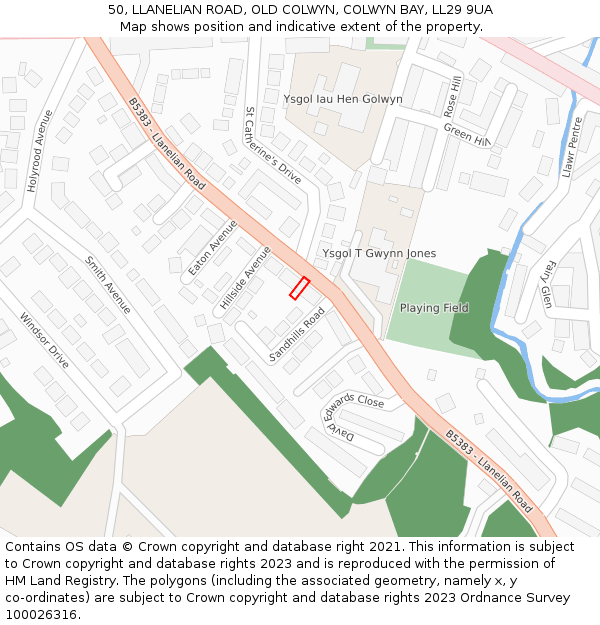 50, LLANELIAN ROAD, OLD COLWYN, COLWYN BAY, LL29 9UA: Location map and indicative extent of plot
