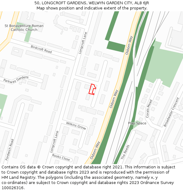 50, LONGCROFT GARDENS, WELWYN GARDEN CITY, AL8 6JR: Location map and indicative extent of plot