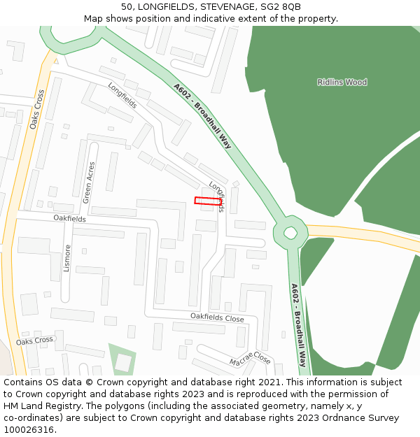 50, LONGFIELDS, STEVENAGE, SG2 8QB: Location map and indicative extent of plot