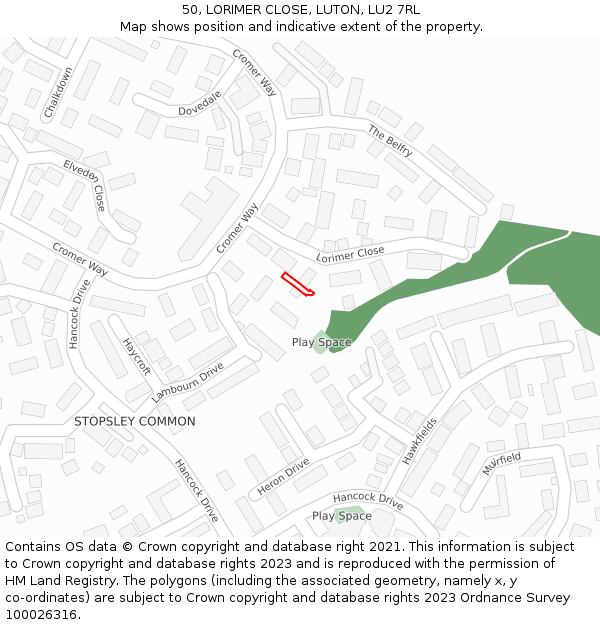 50, LORIMER CLOSE, LUTON, LU2 7RL: Location map and indicative extent of plot
