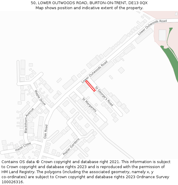 50, LOWER OUTWOODS ROAD, BURTON-ON-TRENT, DE13 0QX: Location map and indicative extent of plot
